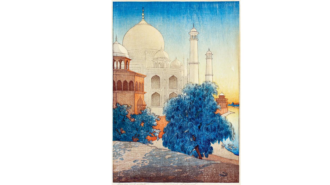 Taj Mahal at Sunset, kokka woodblock print on paper, 1919, Charles William Bartlett