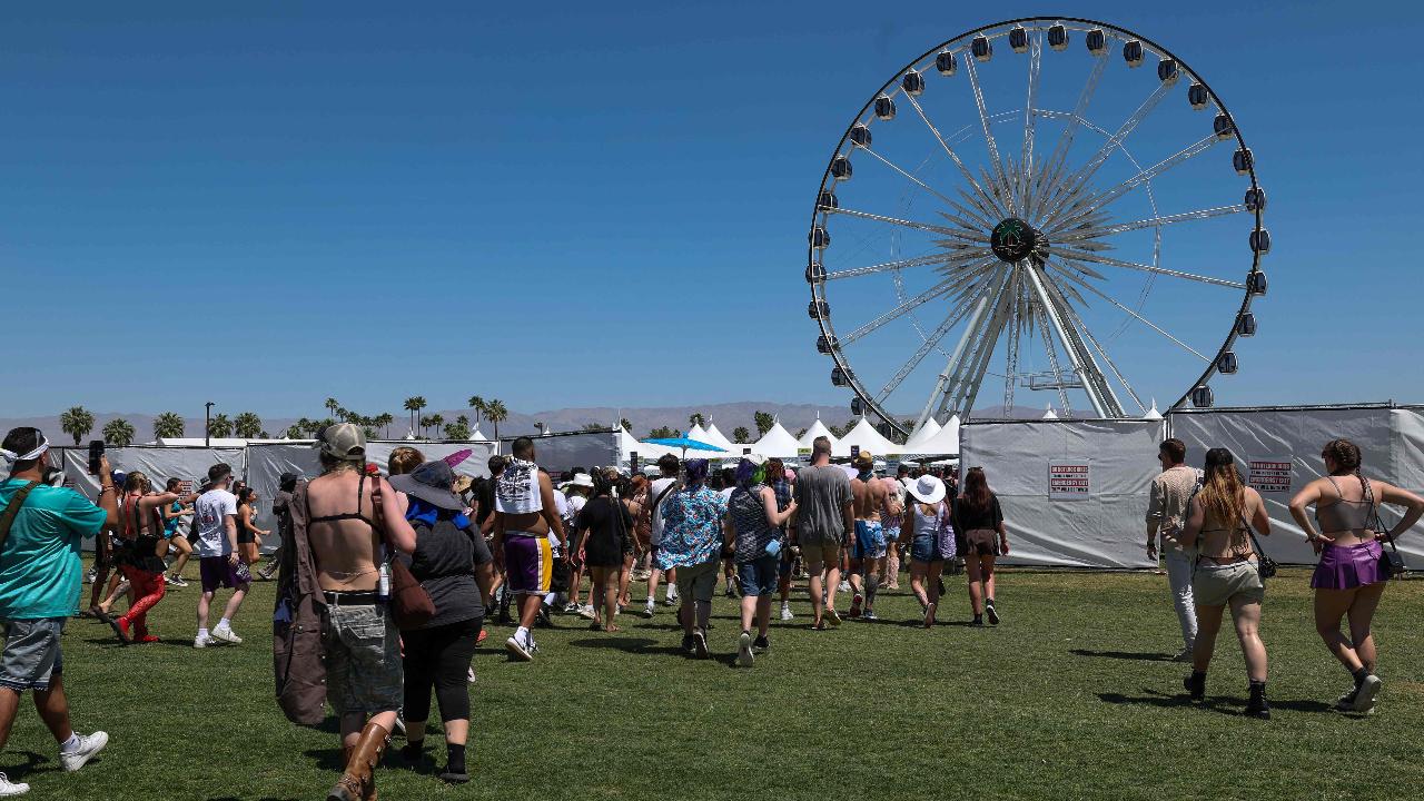 The first festival goers arrive to enter the festival during the 2025 Coachella Valley Music and Arts Festival at Empire Polo Club on April 11, as it gets underway
