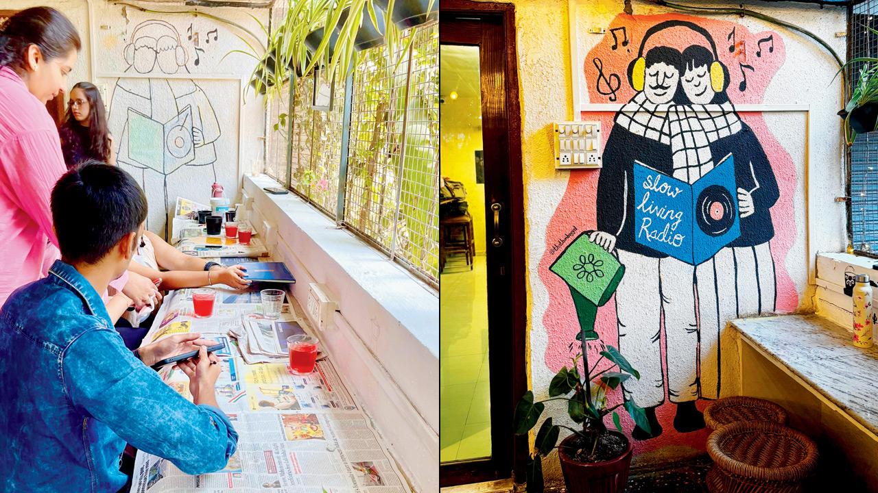 (From left) A moment from the painting session at the café; the painted mural. Pics courtesy/Snickerdoodle Coffeeworks