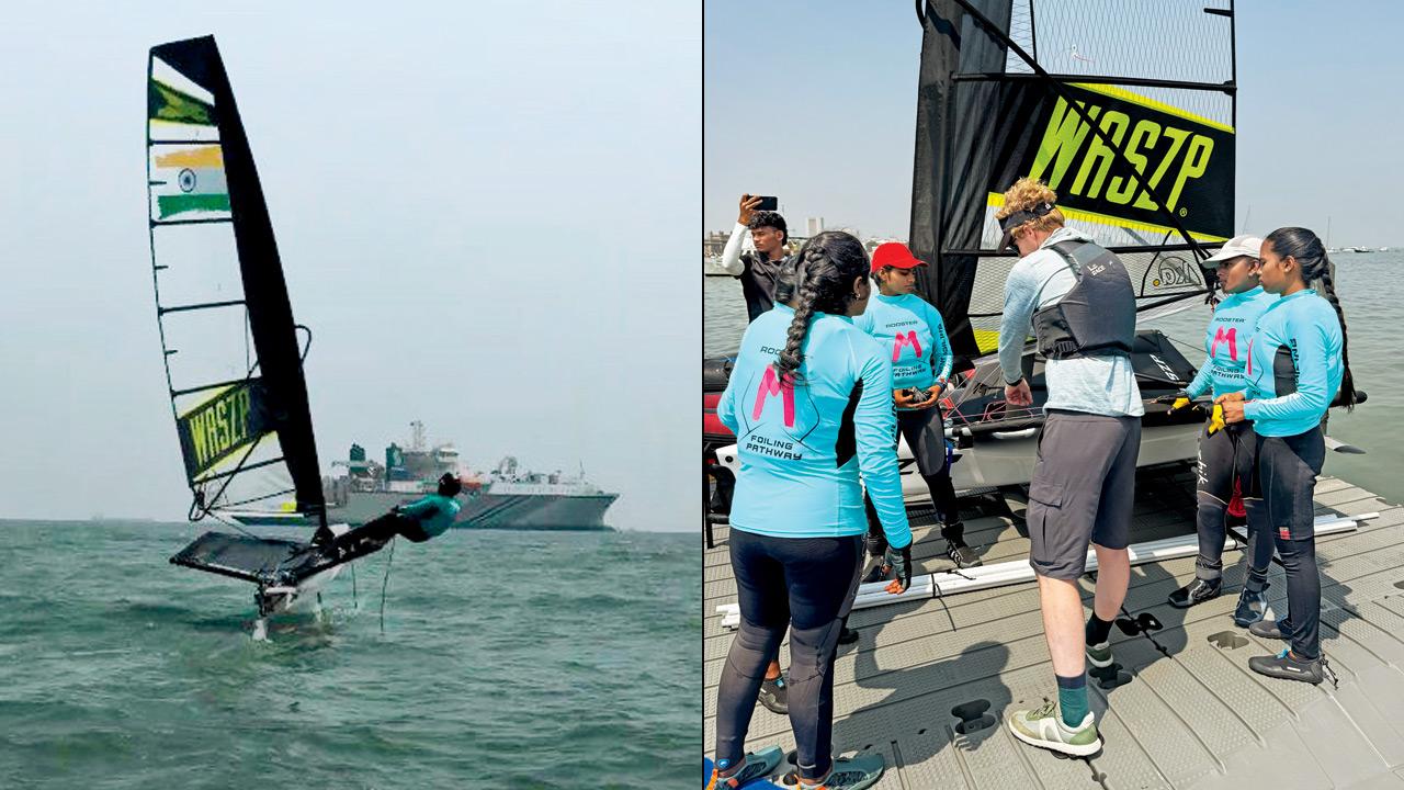 (From left) A participant rides a foil on the waves; an instructor guides participant at the workshop. PIC COURTESY/DISCOVER SAILING INDIA
