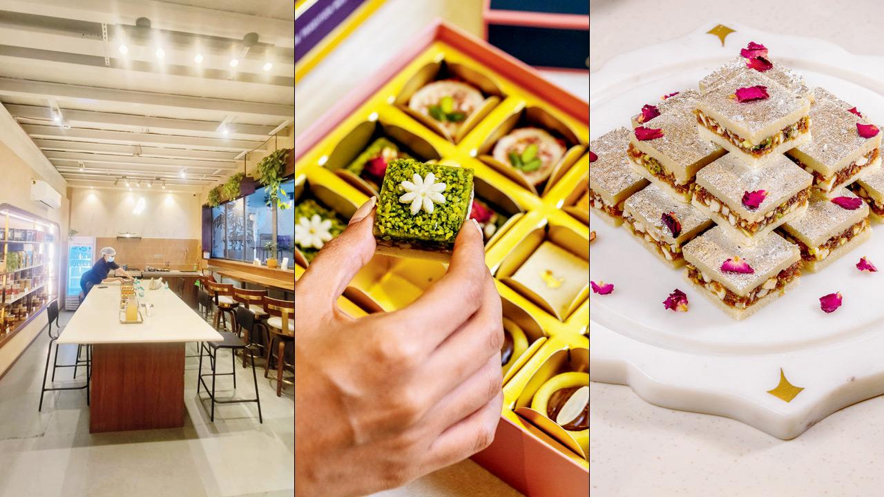 (From left) A view of the Mithai Theatre, Golden pishori pistachio and Gulkand barfi