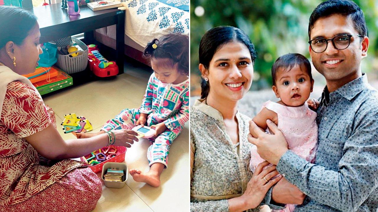 Pooja Menon Vaidya’s daughter with her nanny, who looks after her when Vaidya is at work; (right) Pooja Menon Vaidya