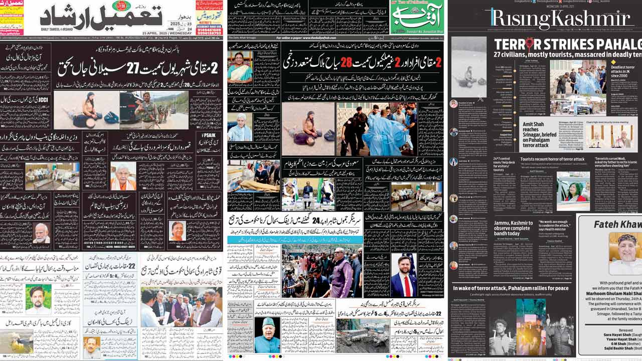 Combo picture shows front pages of Kashmir newspapers printed in black in protest against Pahalgam terror attack. Pic/PTI