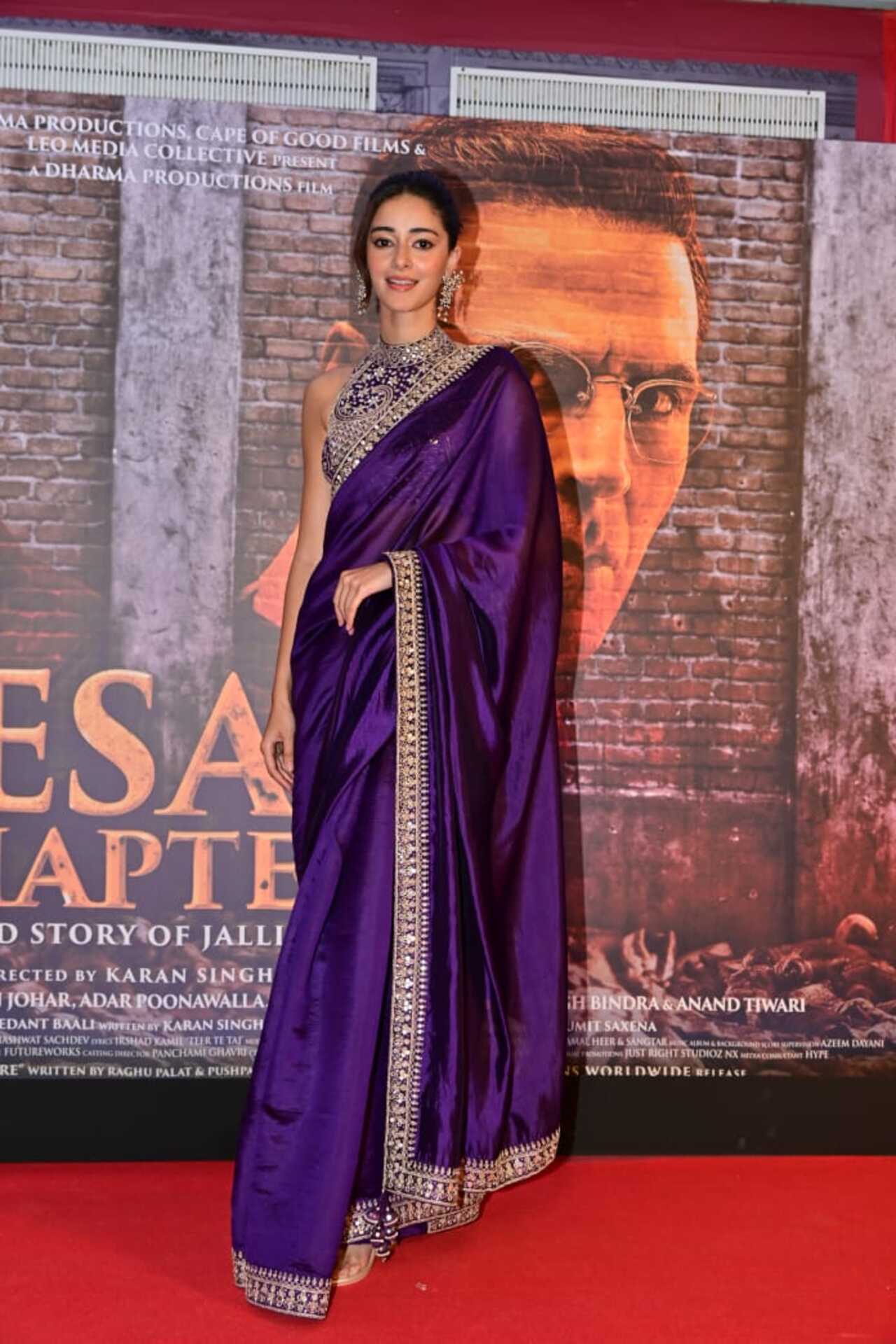 Ananya Panday stunned in a beautiful purple saree at the screening of her upcoming film Kesari 2
