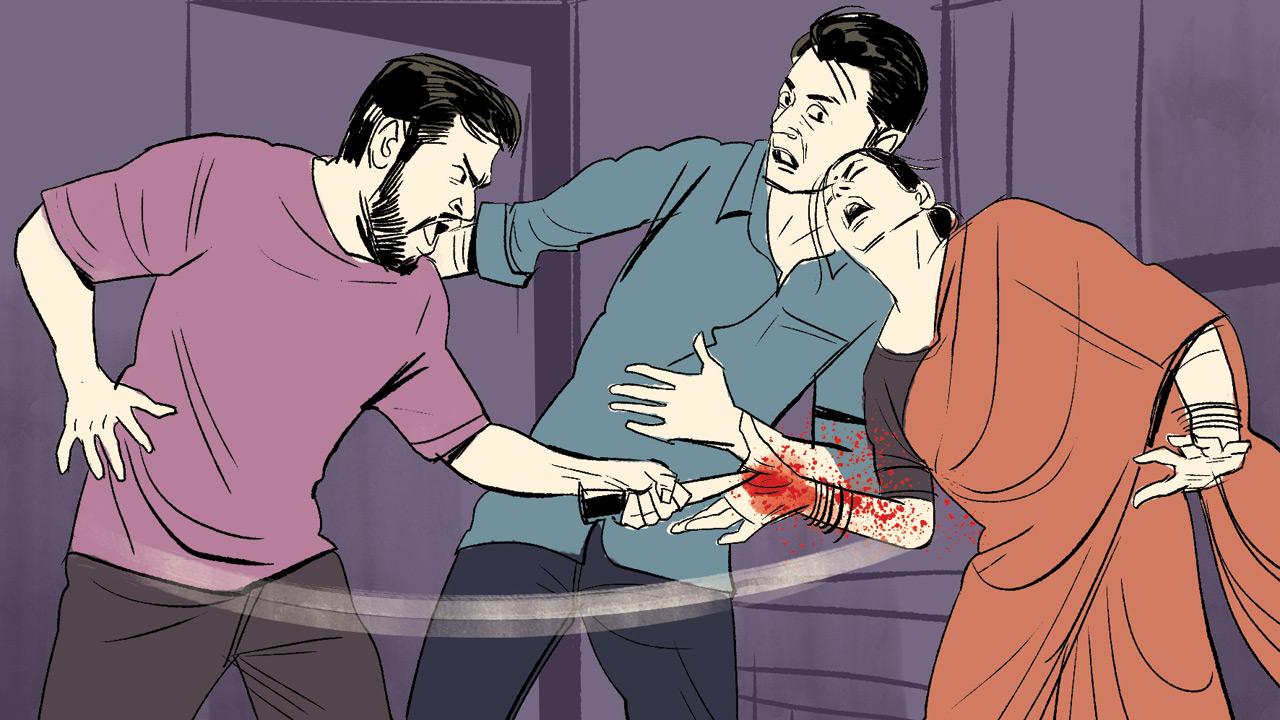 In a fit of rage, the accused attacked the man with a knife. As he was about to stab him in the stomach, the woman put out her hand to stop him and the knife slashed her palm. Illustrations/Uday Mohite