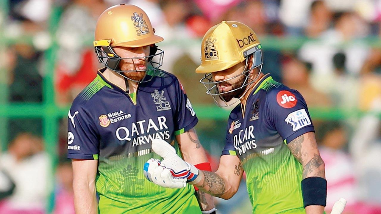 RCB’s Phil Salt (left) and Virat Kohli during their 92-run stand in Jaipur yesterday. Pic/PTI