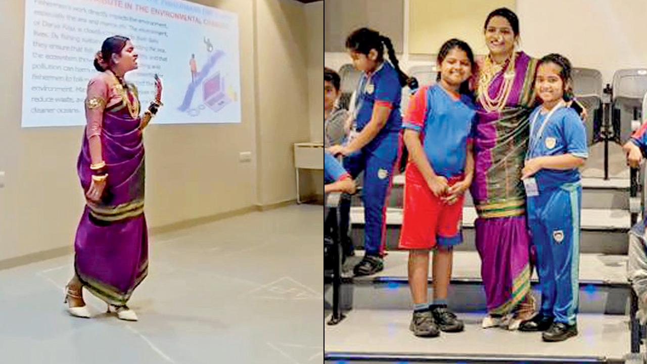 Prachita Koli presents at the school in Borivli; students interact with Koli after the talk. PICS COURTESY/PRACHITA KOLI