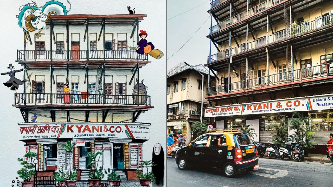 (From left) The watercolour art work; Kyani & Co and the Jer Mahal building in Dhobi Talao. PICS COURTESY/ADITYA RAJ; Ruchee.heic on Instagram