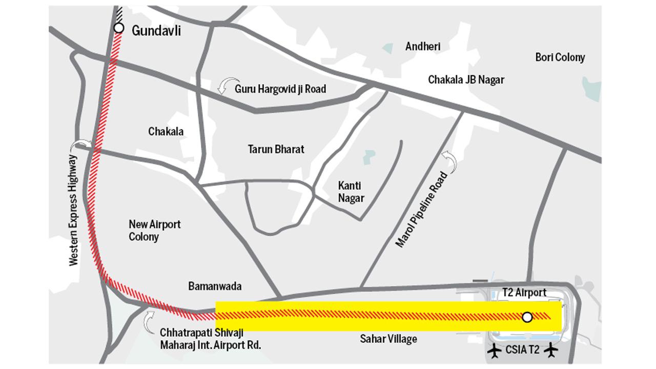 Of the total 3.42 km alignment from Gundavali to T2, 2.49 km (in yellow) is underground 