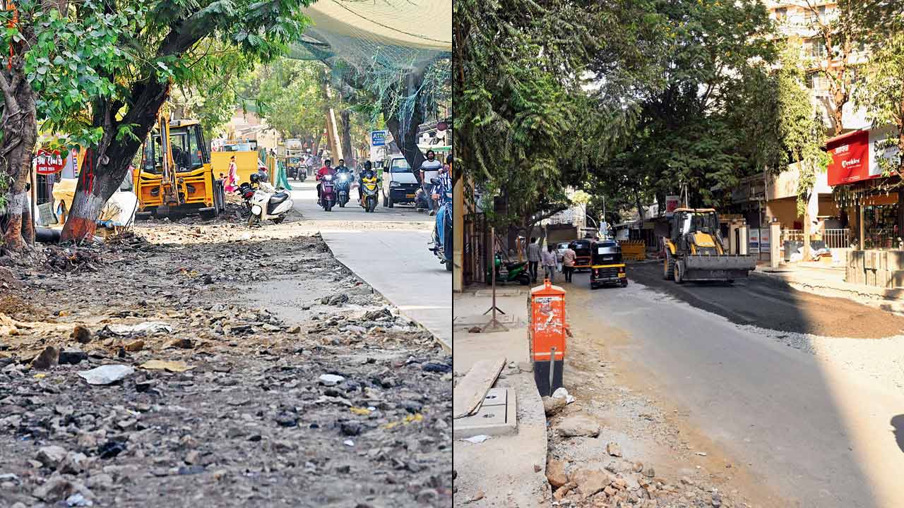 Dev Nagar Derasar Road dug up for drainage work in Borivli West; (right) Shimpoli Road dug up at Kastur Park, Borivli West. PIC/SATEJ SHINDE