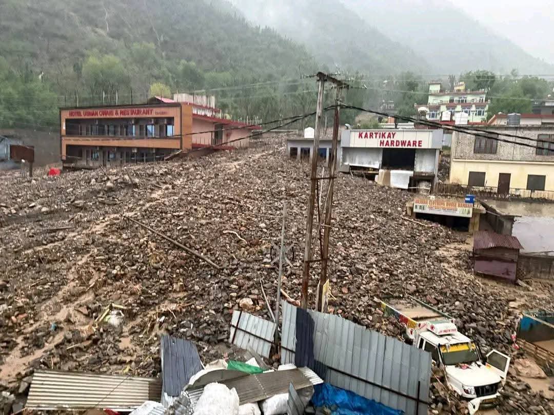 Around 40 houses were damaged due to the flood caused by an overflowing stream. Several vehicles were swept away in the sudden surge of water.