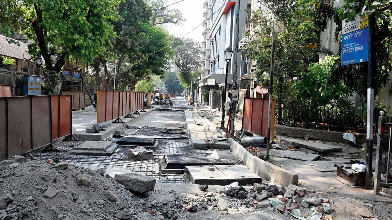 Roadwork in progress at Pandey Road, Colaba, Mumbai, on April 5. Pic/ATUL KAMBLE