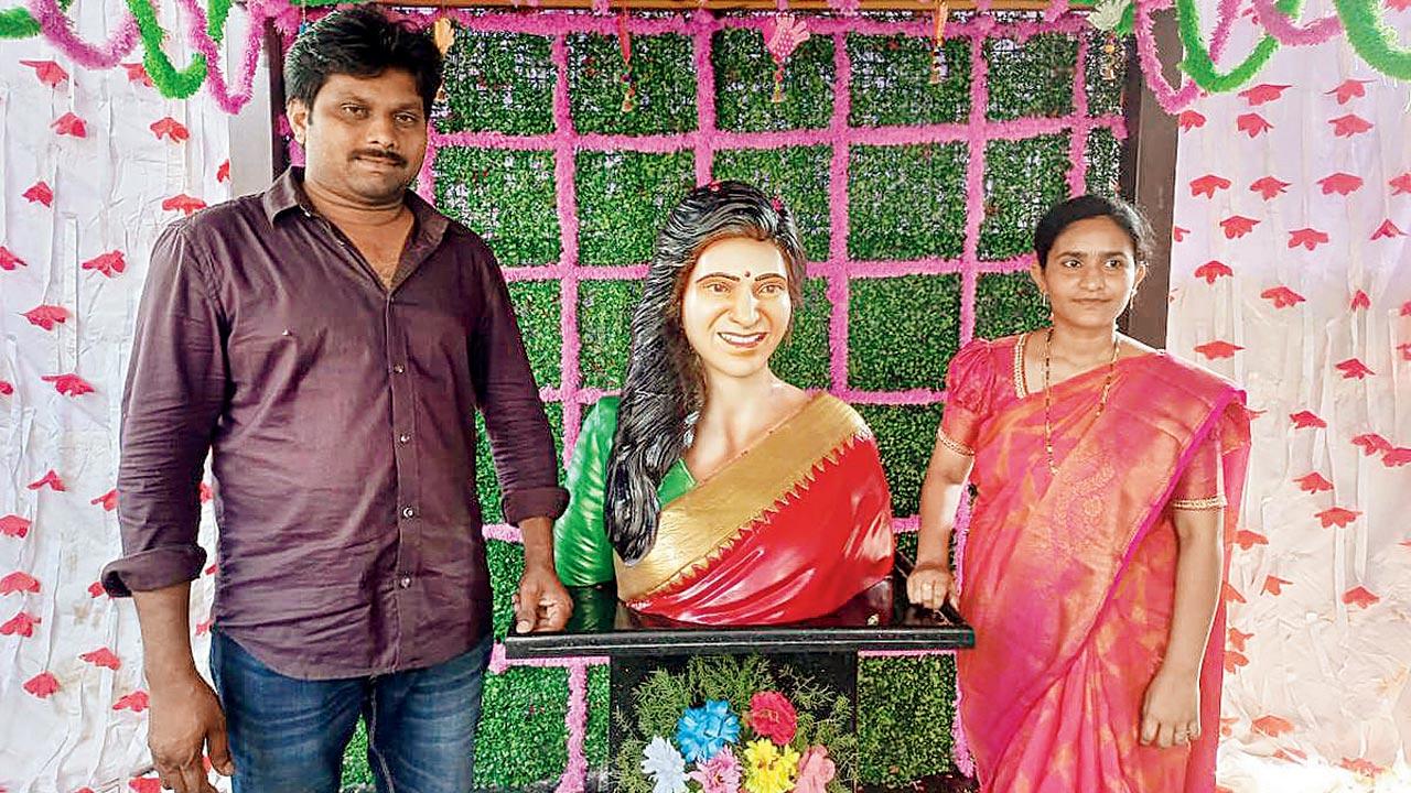 (From left) Tenali Sandeep and his wife Deepti with (centre) a bust of Samantha Ruth Prabhu