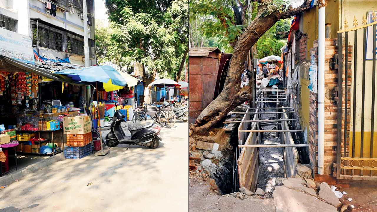 Shopkeepers place goods on the Saibaba Mandir Road footpath, Borivli West; (circle) Hawkers and parked vehicles occupy Saibaba Mandir Road amid drainage work in Borivli West. PIC/SATEJ SHINDE