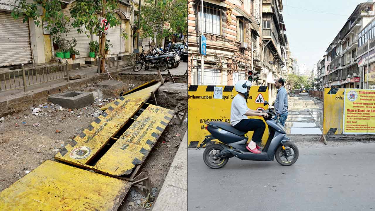 Collapsed barricades at MTNL Lane, Gamdevi on April 5; (right) Barricades with complete information are placed outside Opera House Lane in South Mumbai. PIC/ATUL KAMBLE