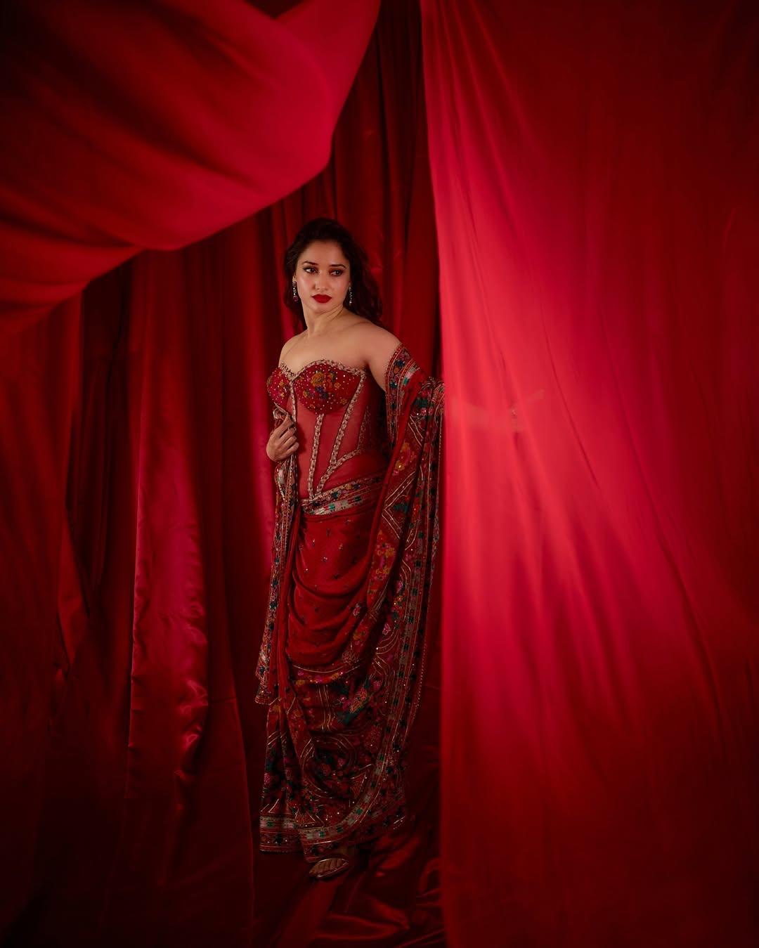 In this look, the actress wore a printed red saree and paired it with a stunning corset