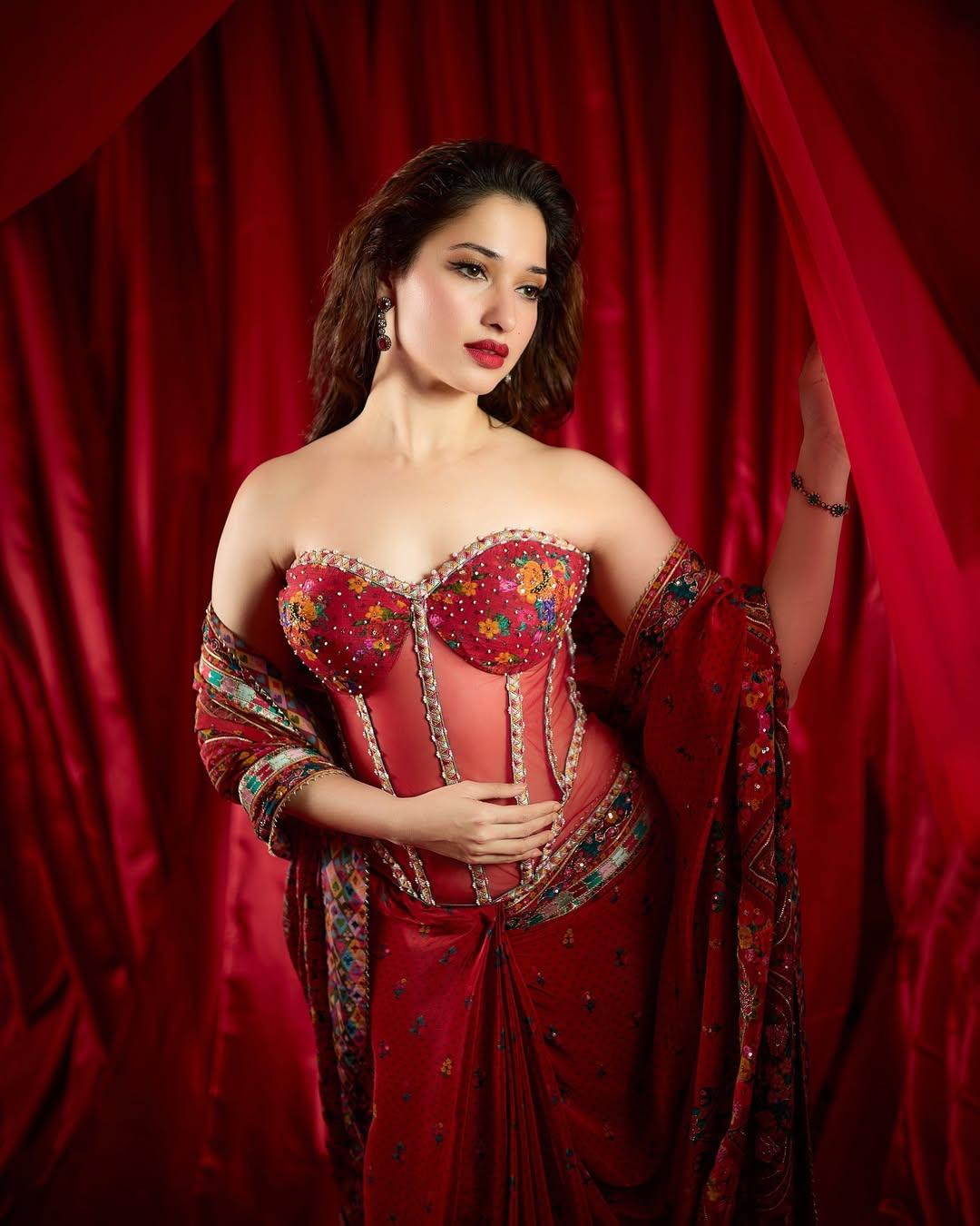 Tamannaah put on bold red lipstick, and her creased hair elevated her appearance