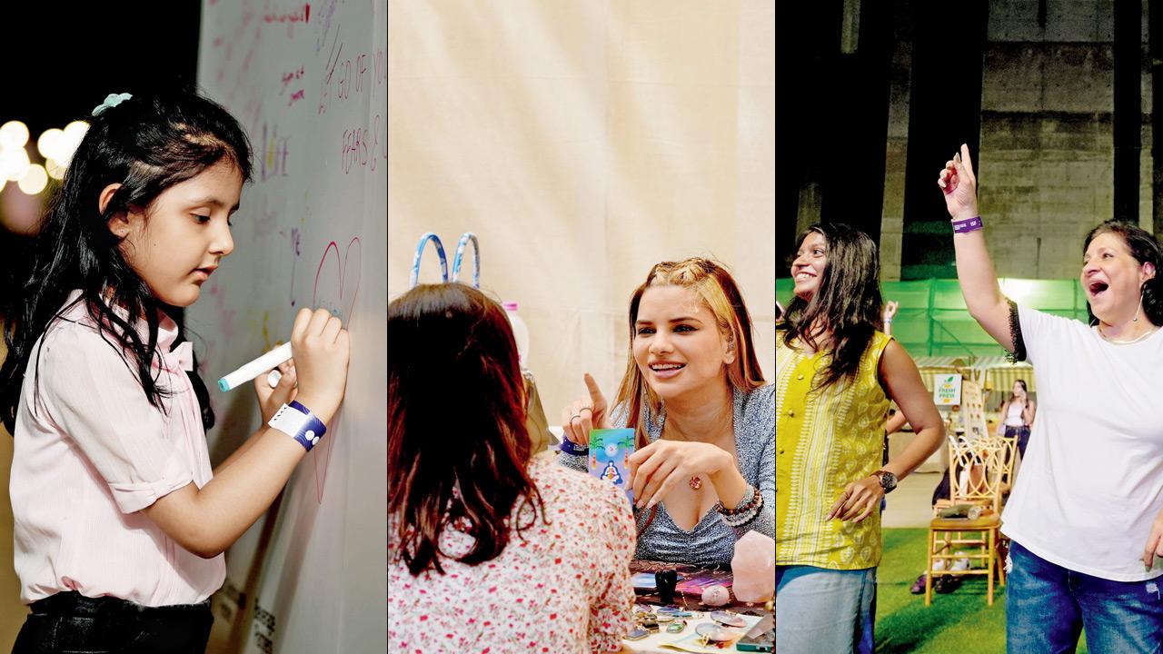 (From left) A child doodles on a board at the fest; a tarot card reader offers insights into destiny-related questions; participants engage in a movement workshop at a previous edition of the festival