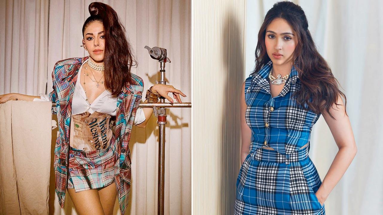 Alaya F pairs a tartan with pearls to create contrast. Pic Courtesy/AlayaF n Instagram; (right) Pashmina Roshan sports a tartan. Pic Courtesy/Pashmina Roshan on Instagram