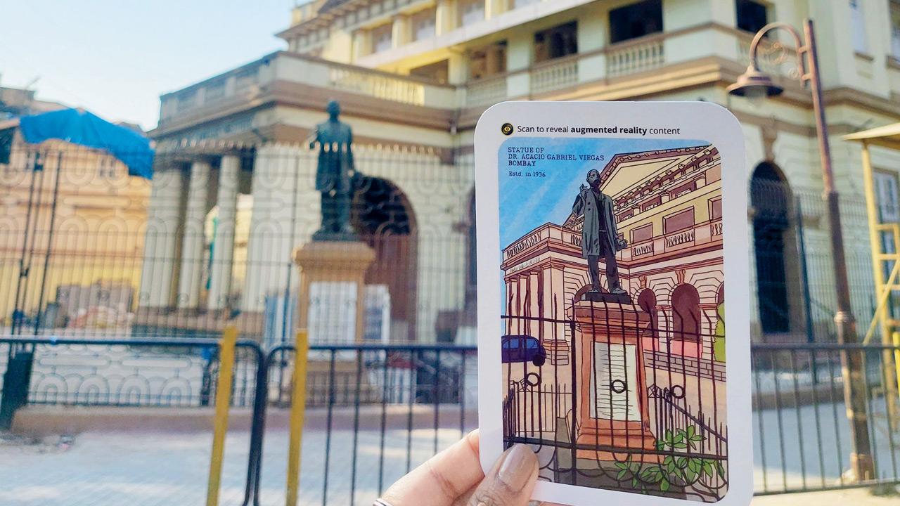 An augmented reality postcard on the statue of Acacio Gabriel Viegas near  Cowasji Jehangir Hall in Kalbadevi. Pic courtesy/Past Perfect Heritage Management