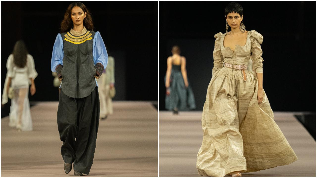Reflective of the landscape and the natural fibres of the Khadi, and rich Chanderi silks, the Vivienne Westwood collection features summer white muslin cottons and raw silks, sand Muga silks and stone pashmina wool, sky blue cotton, vibrant purple raw silk and rich black cotton