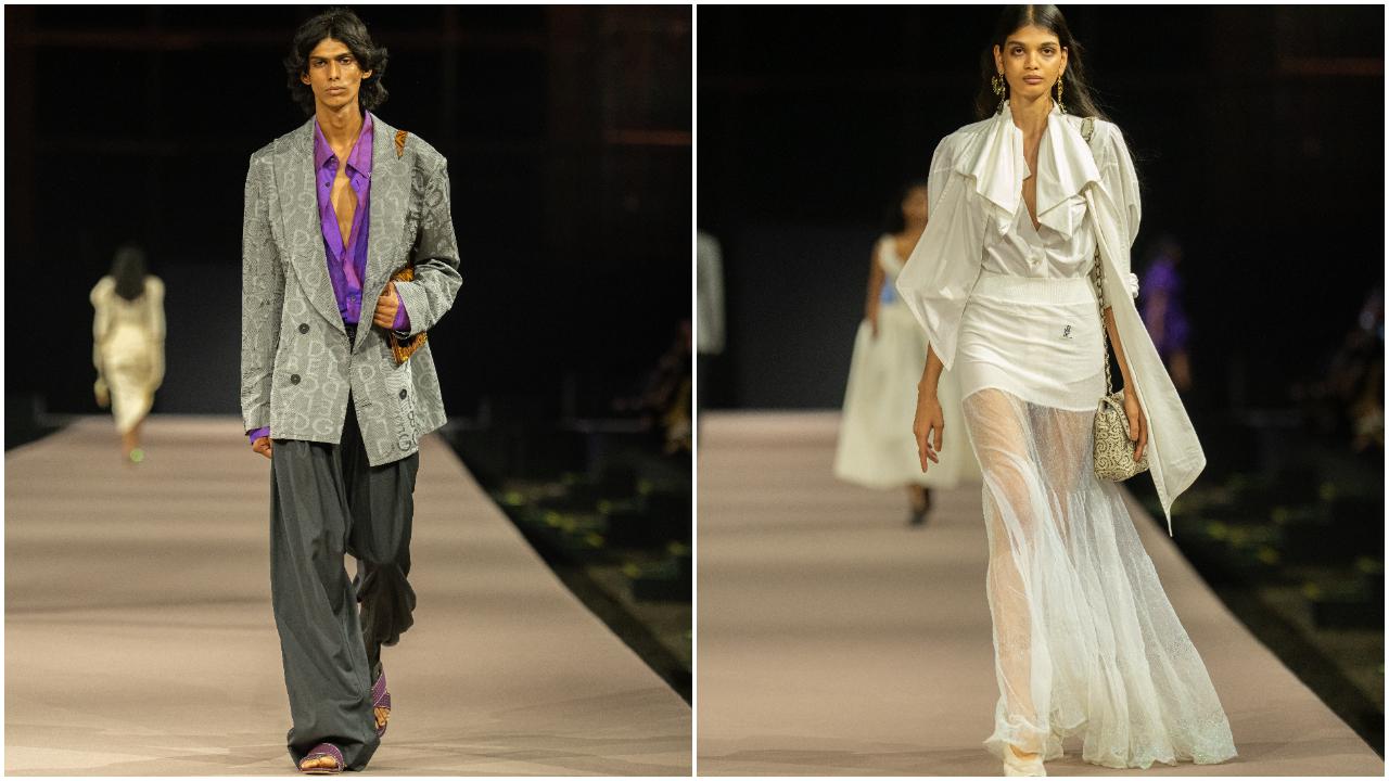 The runway show presented a selection of Spring Summer 2025 Vivienne Westwood looks and special archive pieces, alongside a capsule collection of Vivienne Westwood couture looks crafted with the finest hand-woven Chanderi silks and Khadi cotton, wool and silk