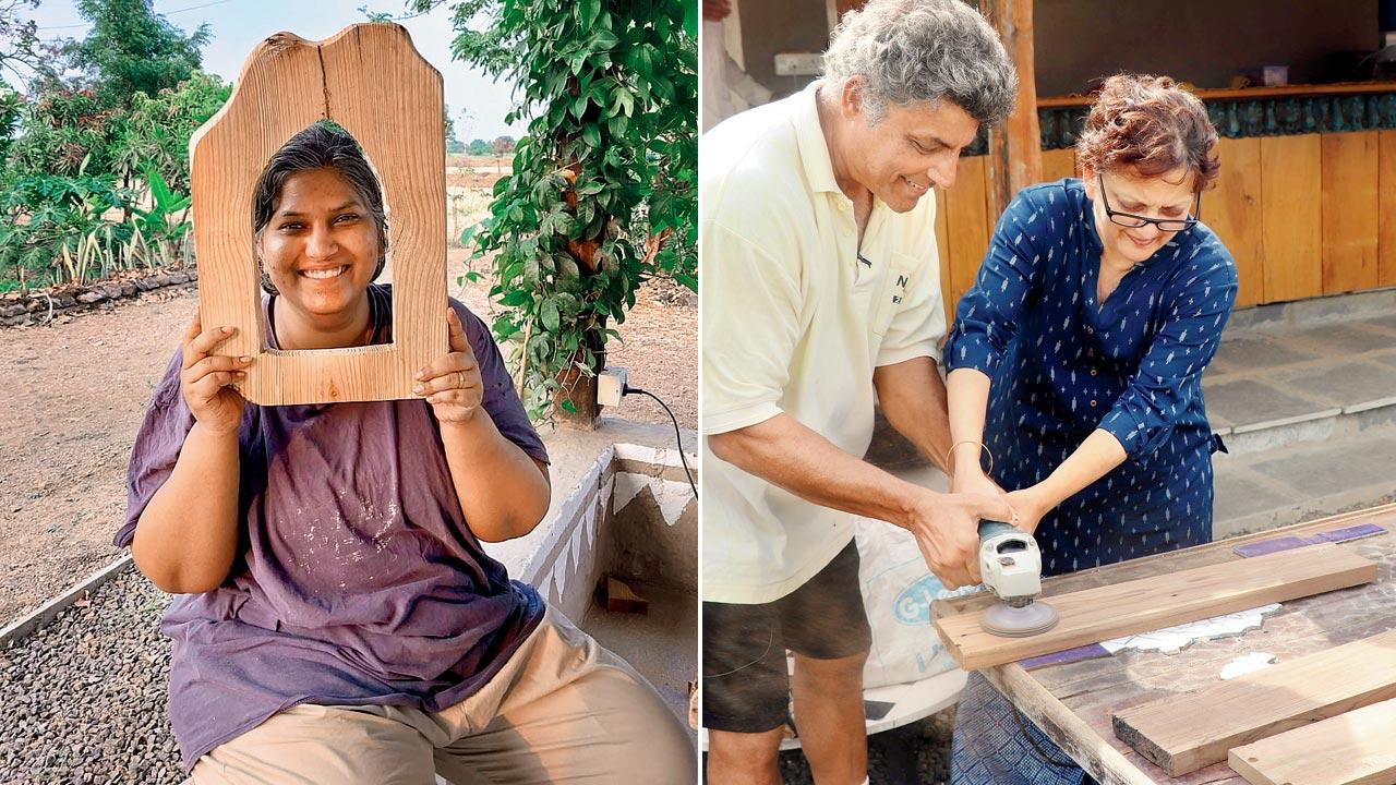 We loved the photo frame we were able to make within few hours; (right) Adwait tries to show a student how to use a grinder to soften the edges