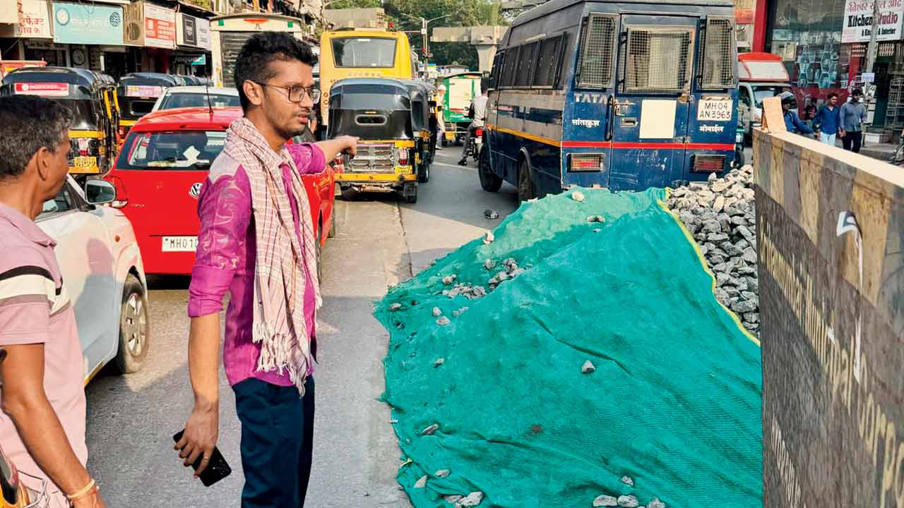 The deceased’s nephew, Yogesh Jain points to the site of the accident