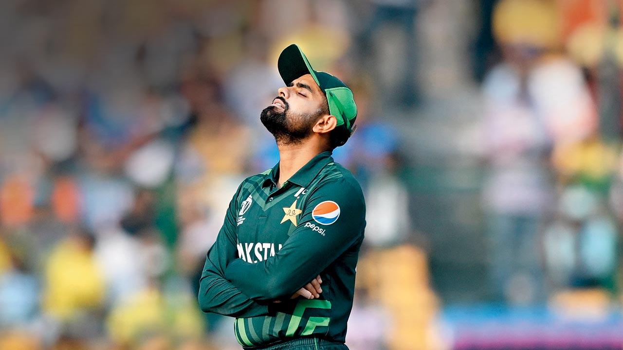 Pakistan cricket captain Babar Azam reacts while fielding during the 2023 World Cup ODI match against Australia in Bengaluru. Pics/Getty Images