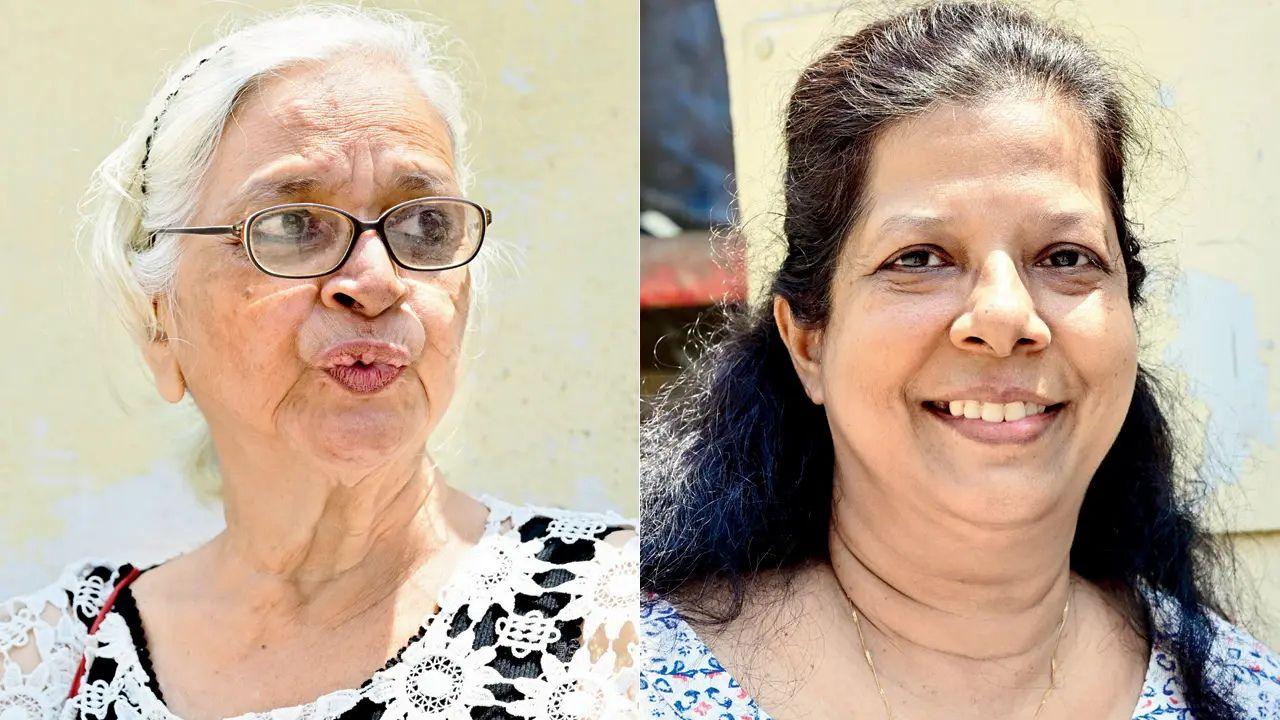 Icelina (left), 75, a Bandra West resident, said, “The roads have been dug up since October 2024. Though we allowed BMC to carry out work even at night for quicker completion, the progress is painfully slow. Damaged pipelines and electricity lines have added to our troubles. Many senior citizens haven’t stepped out in months.” Anita Fernandes (right), another Bandra West resident, that most buildings in the area house senior citizens over 75 and many haven't been able to visit the hospital, church, or market.