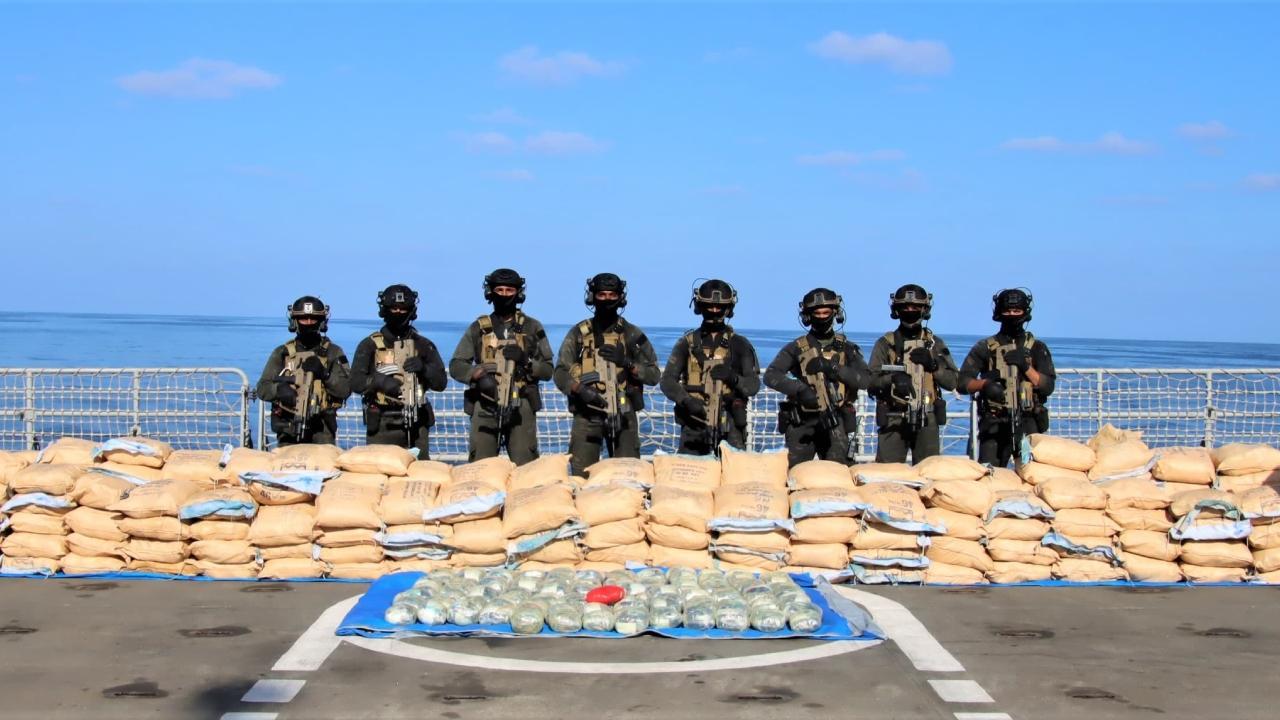 INS Tarkash, a frontline frigate of the Indian Navy operating under the Western Naval Command, intercepted and seized the huge quantity of narcotics. Pics/Defence PRO