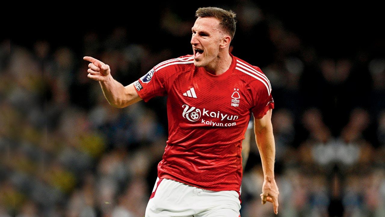 Nott Forest’s Chris Wood celebrates his goal against Tottenham on Monday. Pic/Getty Images