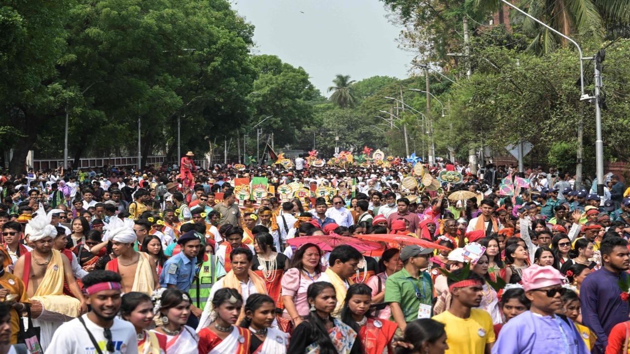 Thousands gathered in the heart of Dhaka to take part in the vibrant Mangal Shobhajatra.