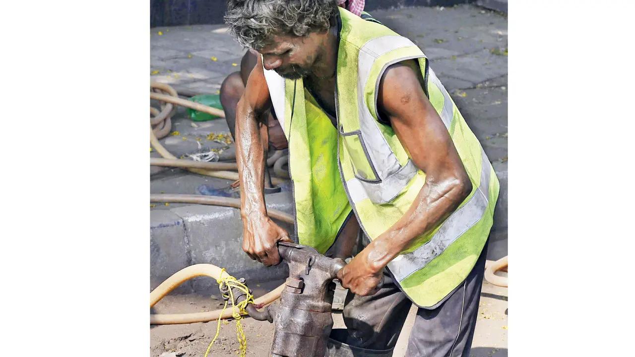 Road workers at Kalanagar, Bandra East, continue to labour in the blistering sun, with little relief in sight. 