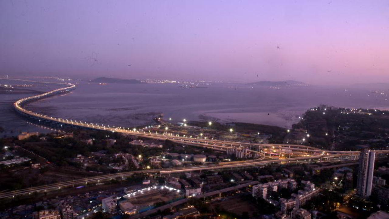 Panoramic top shot of India’s longest sea bridge — the 21-kilometre Mumbai Trans Harbour Link (MTHL), also known as Atal Setu — connecting Sewri to Nhava Sheva. The bridge was inaugurated by Prime Minister Narendra Modi in 2024