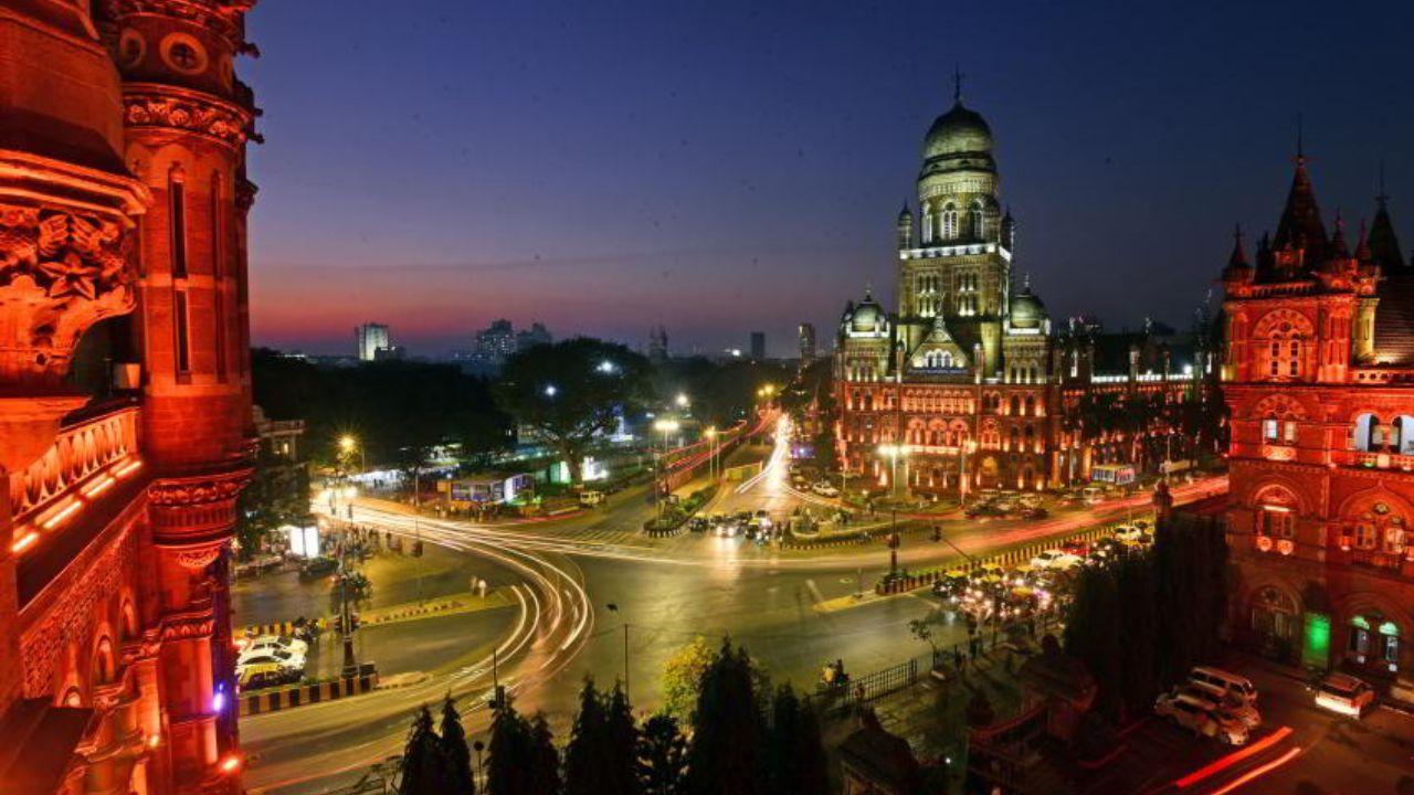 Breathtaking night aerial view of the Brihanmumbai Municipal Corporation, glowing in its architectural glory