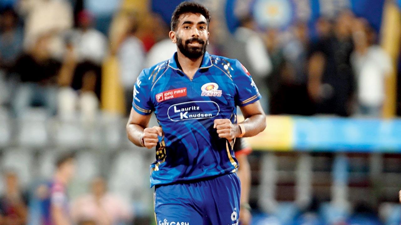 Pacer Jasprit Bumrah celebrates a LSG wicket