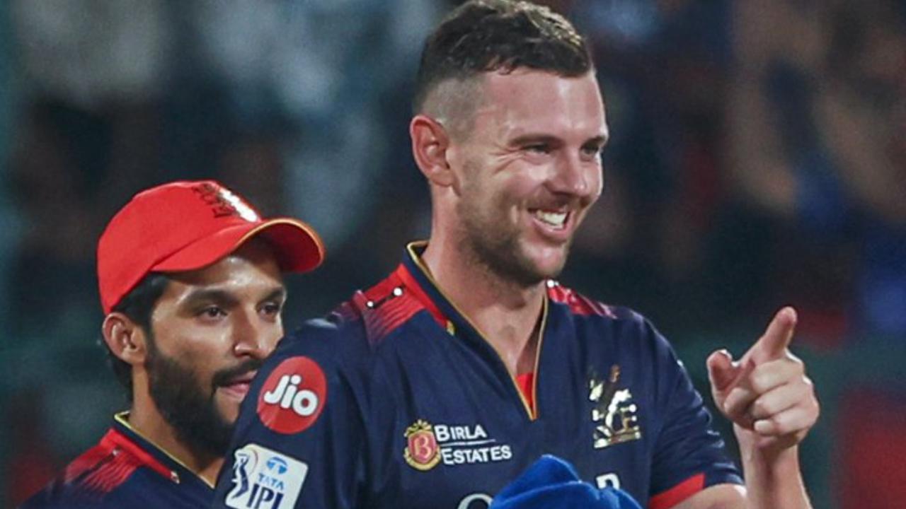 In the IPL 2025 match against Rajasthan Royals (RR), Royal Challengers Bengaluru (RCB) pacer Josh Hazlewood claimed four wickets for 33 runs in his quota of four overs(Pic: X/@RCBTweets)