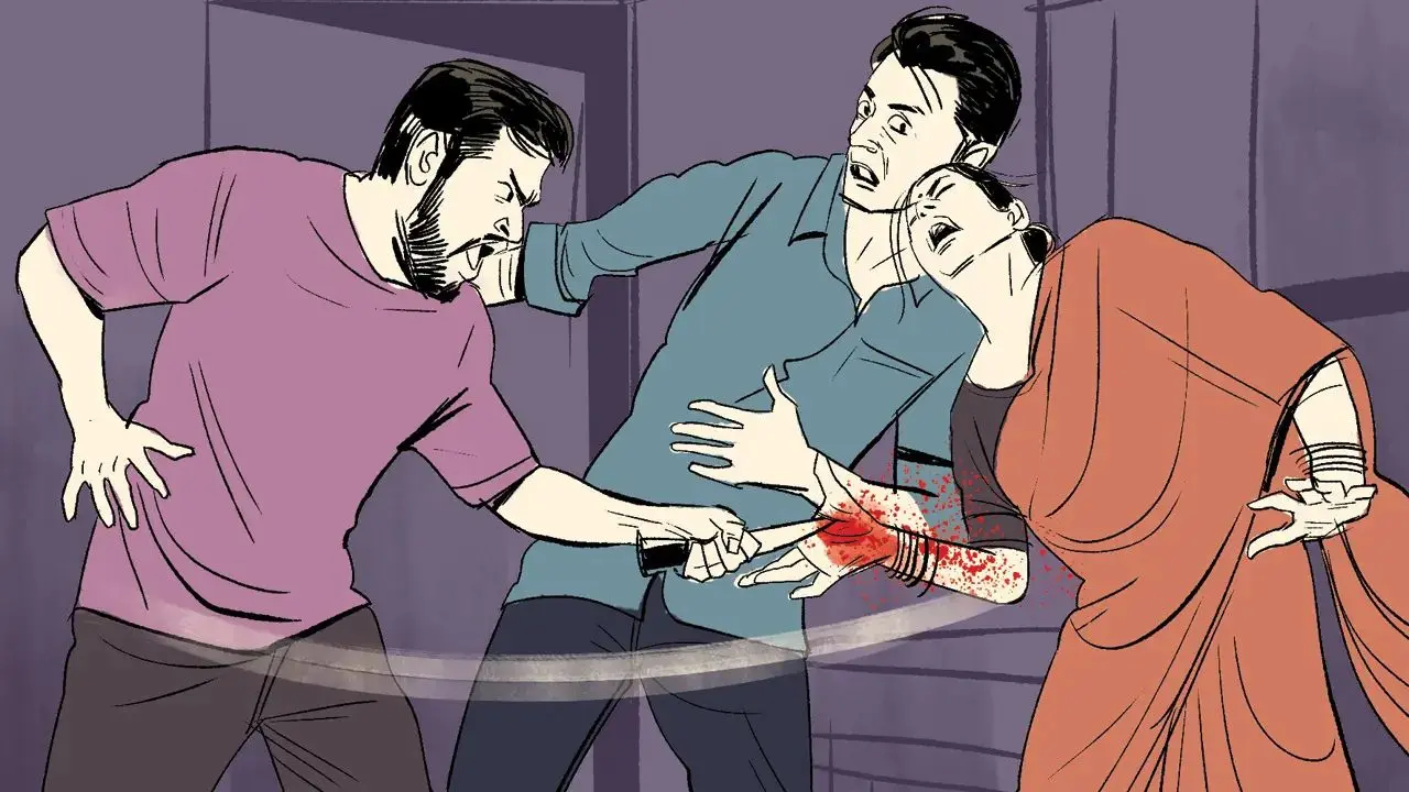 In a fit of rage, the accused attacked the man with a knife. As he was about to stab him in the stomach, the mother put out her hand to stop him and the knife slashed her palm. 