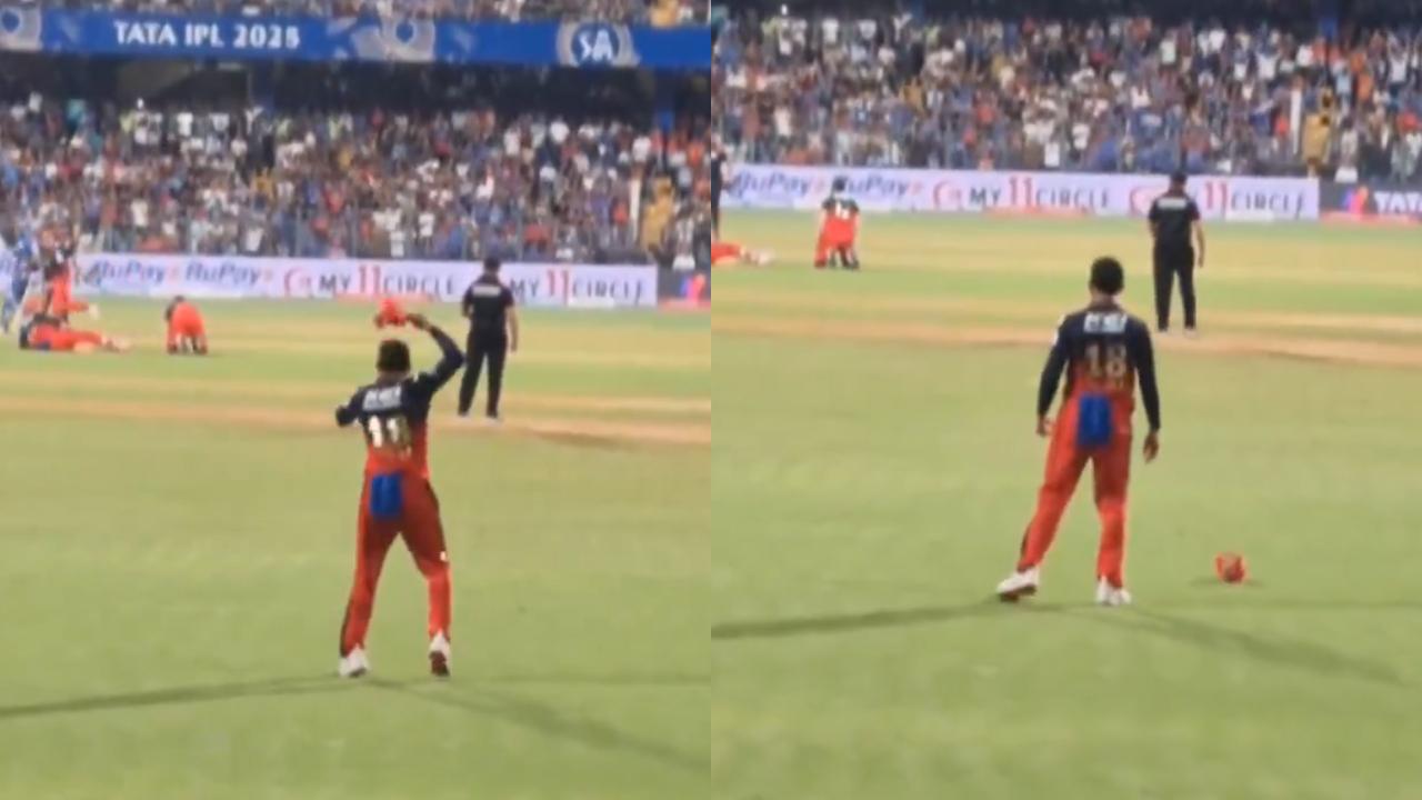 Kohli loses cool over Surya's dropped catch
Mumbai Indians' premier batsman Suryakumar Yadav misjudged the ball in Yash Dayal's over. In an attempt to take the catch, Dayal and wicket-keeper Jitesh Sharma collided with each other, following which Kohli's frustration boiled over and he thudded his cap on the ground