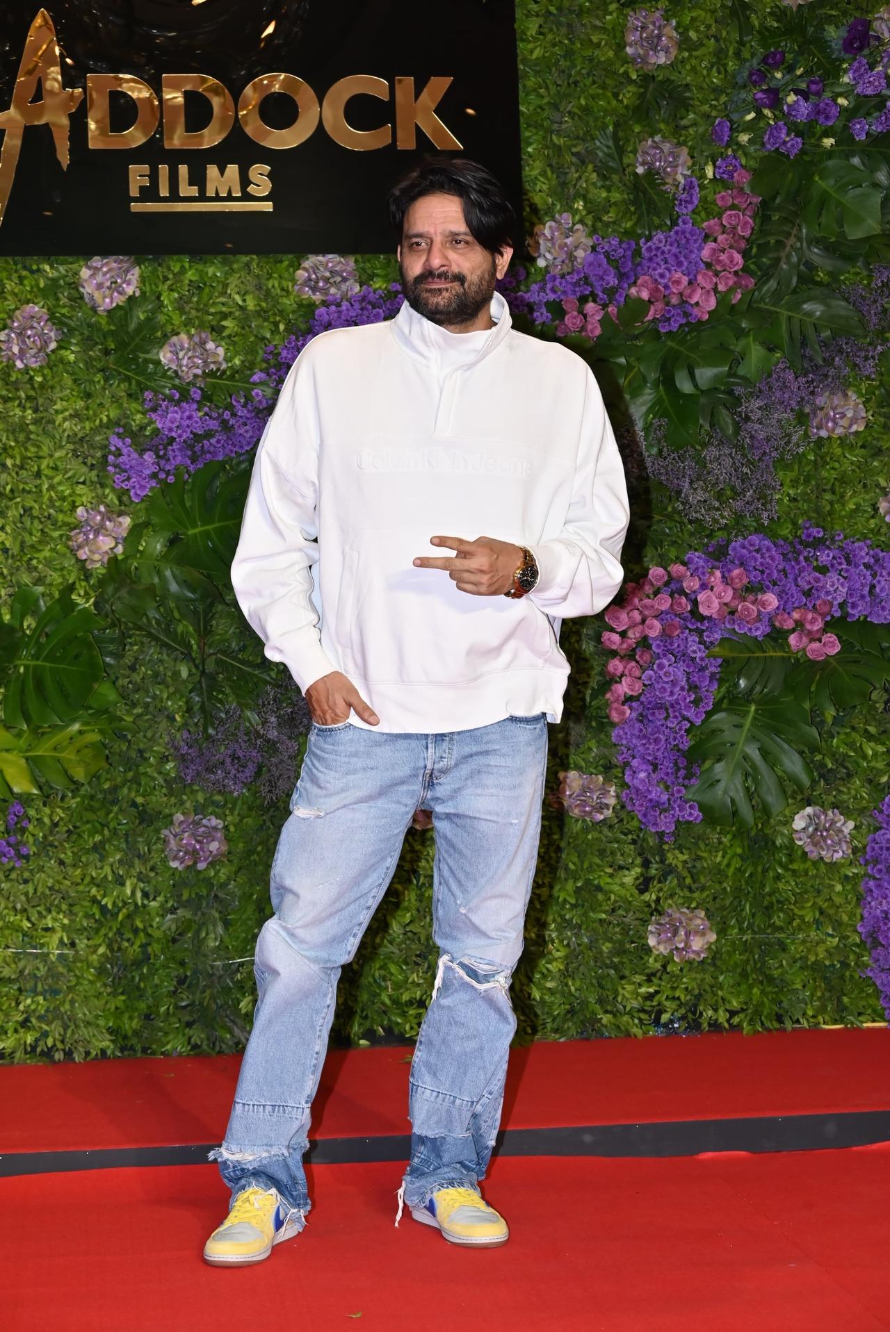 Jaideep Ahlawat rocked a white hoodie and blue denims for the party