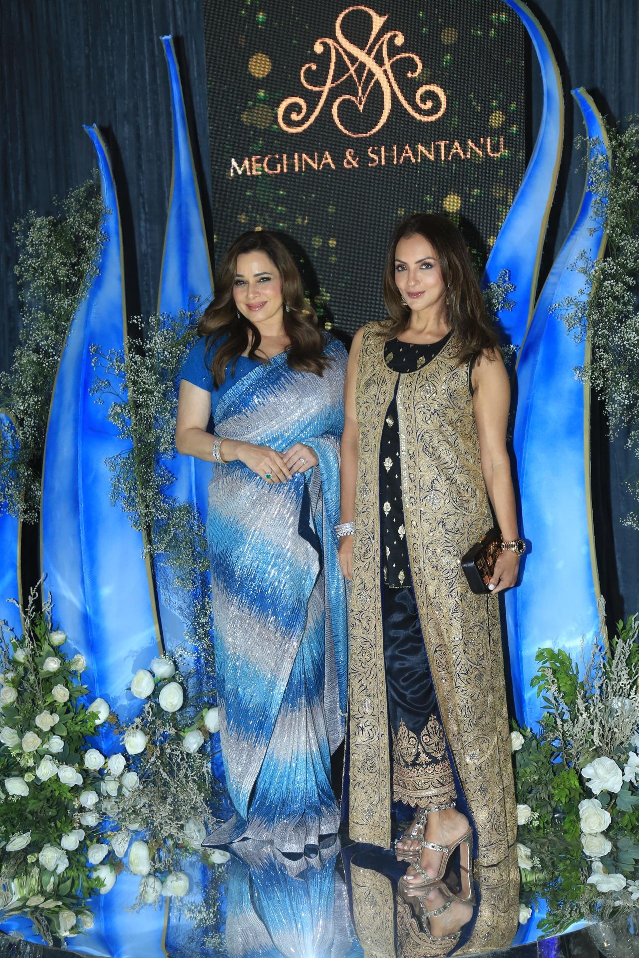 Neelam Kothari and Seema Sajdeh posed together as they arrived for the sangeet night. While Neelam kept it light and breezy in a blue saree, Seema went for an Indo-western look