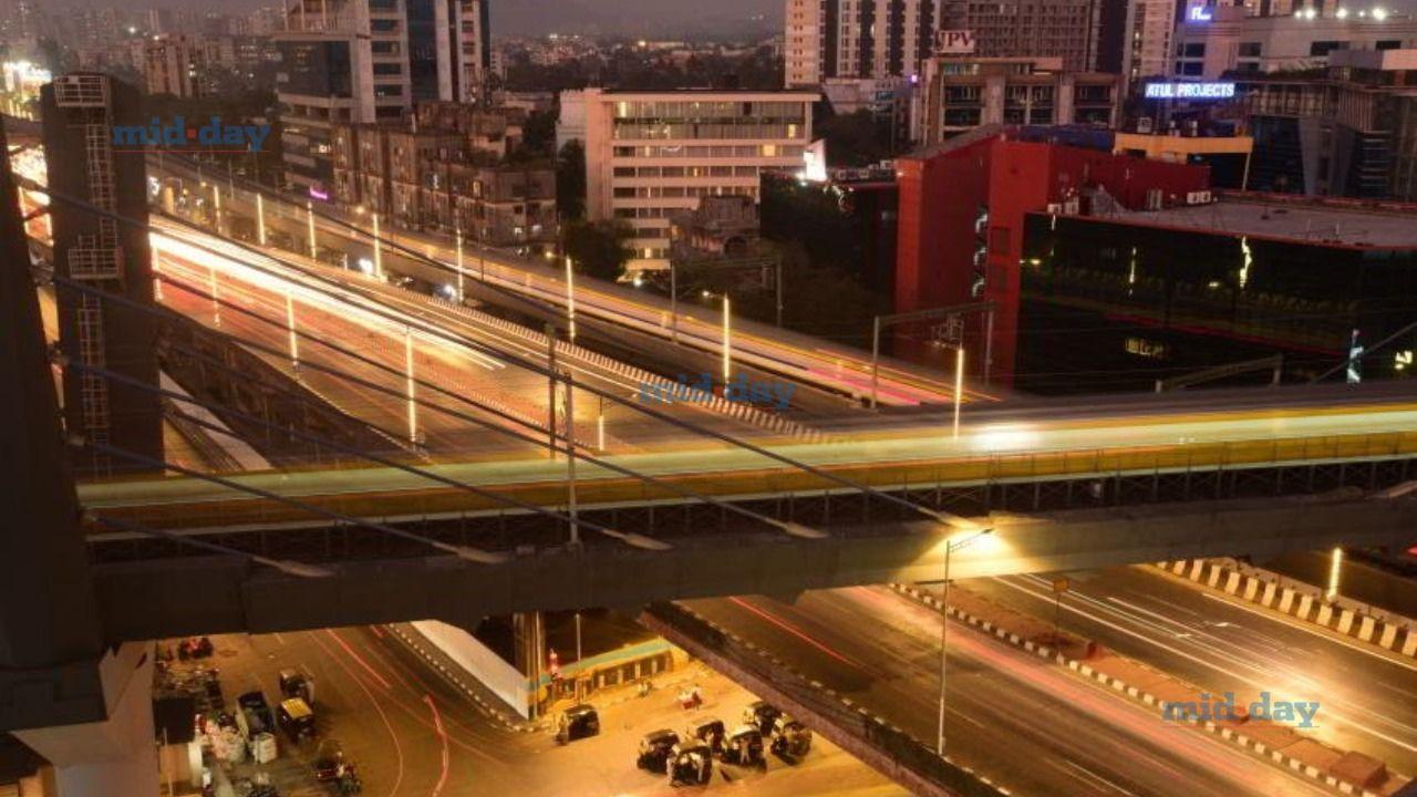 A bird's eye view of Mumbai Metro and Mumbai Metro 7, along with the Jogeshwari flyover bridge on Western Express Highway in Andheri (East) 
