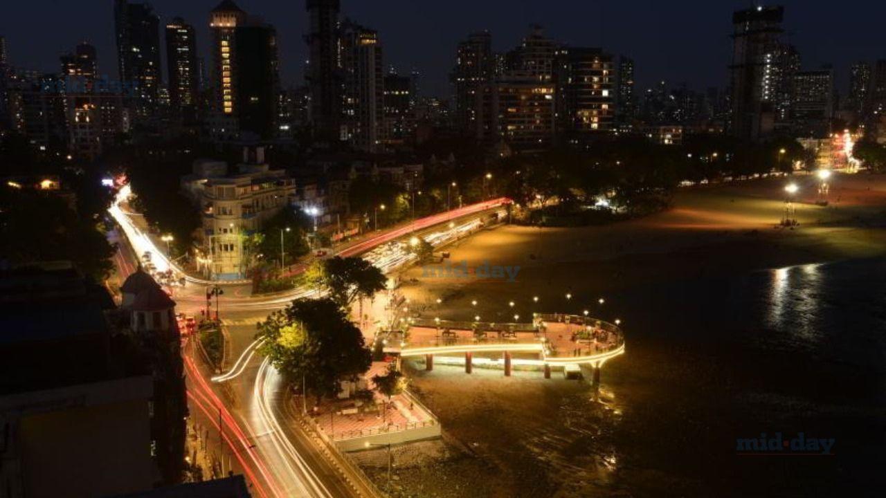 This scenic aerial shot is of Teen Bhatti Junction near Girgaon Chowpatty is captured from Queens Boulevard Towers