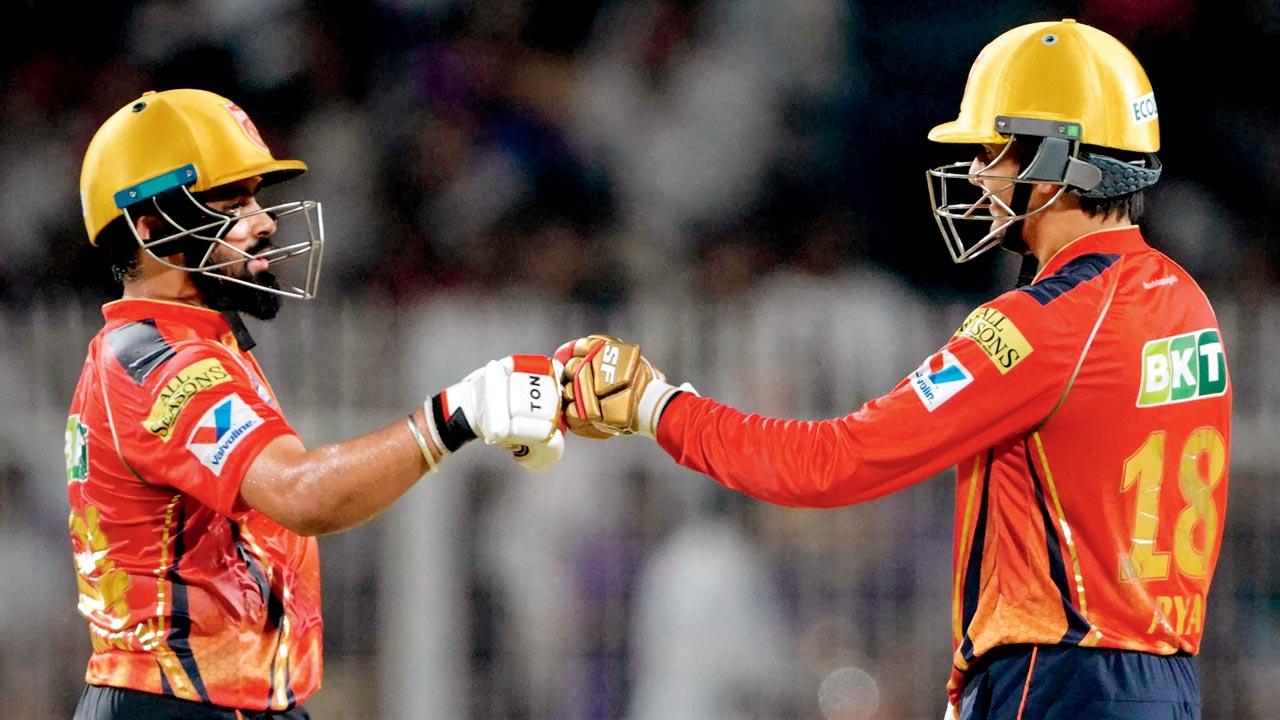 Prabhsimran Singh (left) and Priyansh Arya during their 120-run stand at Eden Gardens, Kolkata, on Saturday. Pic/AFP