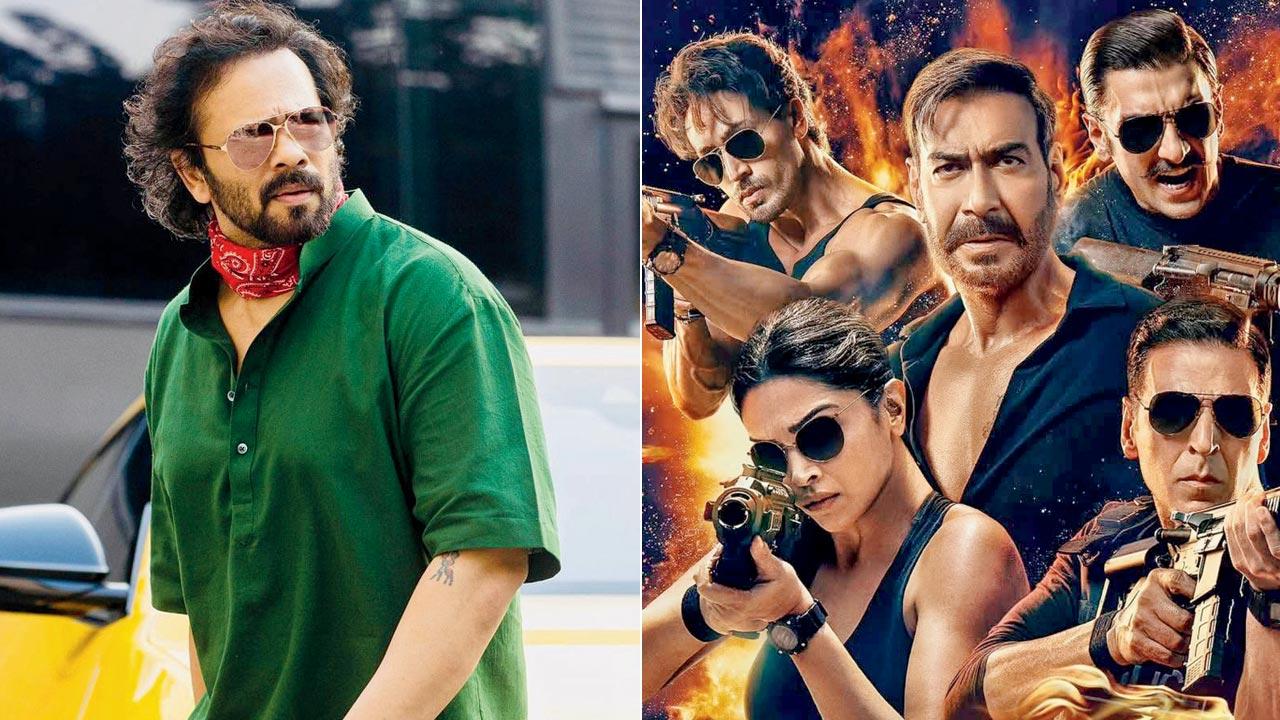 Rohit Shetty; (right) Tiger Shroff, Ajay Devgn, Ranveer Singh, Akshay Kumar, and Deepika Padukone 