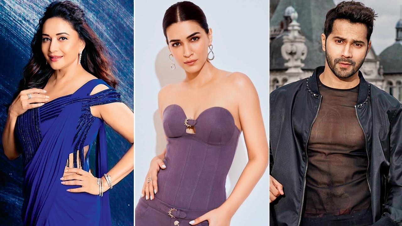 (From left) Madhuri Dixit-Nene, Kriti Sanon and Varun Dhawan