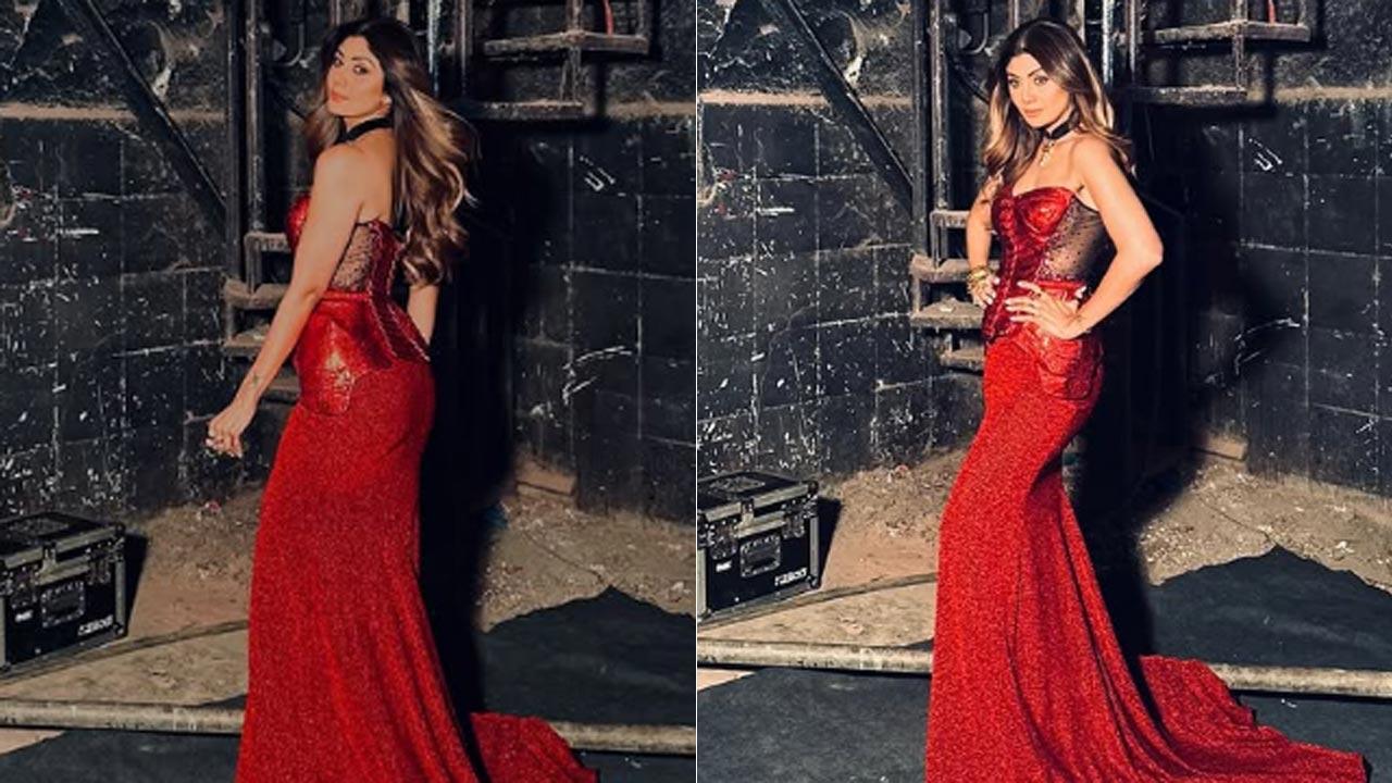 Shilpa Shetty sizzles in 'red hot' corset and drape skirt ensemble