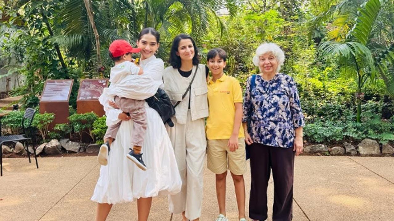 Sonam Kapoor holds son Vayu in her arms as she takes a stroll in Malabar Hill