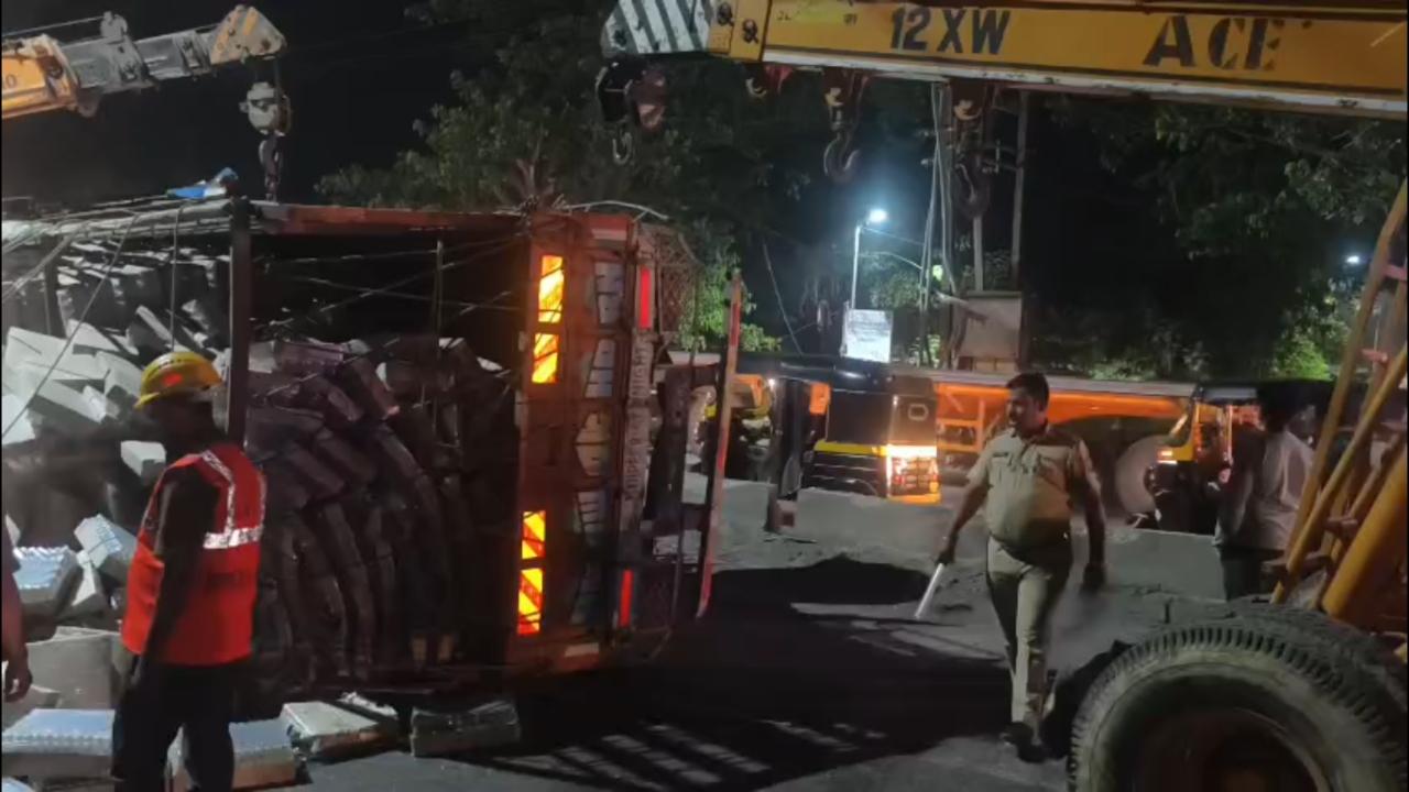 The truck veered off the road and hit the bus from the side and later overturned, the officials said